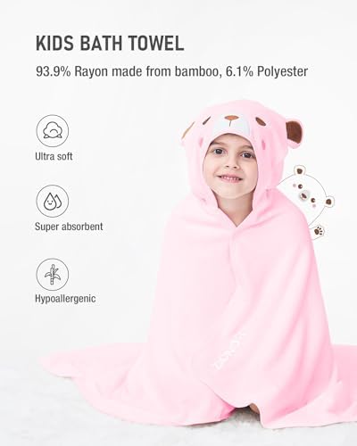 ZIONOR Hooded Bath Towel for Kids - Pink Bear