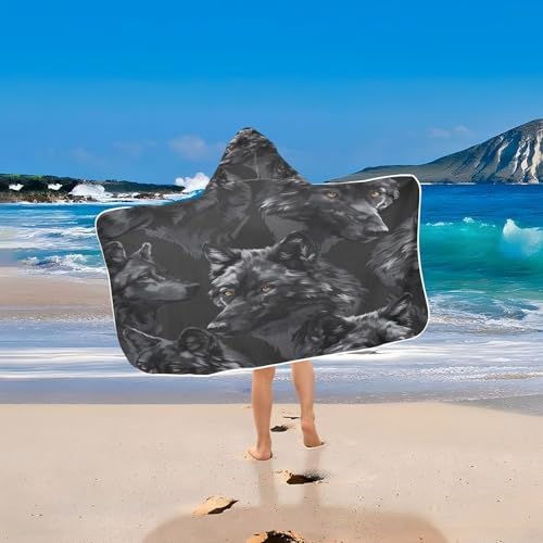 Wolves Head Black Hooded Towel for Kids