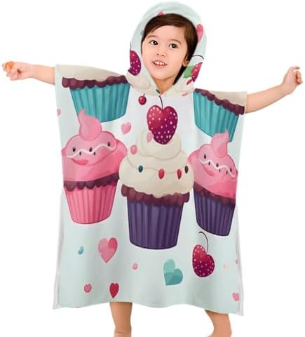 Kids Hooded Beach Towel with Cupcake Candy Hearts Print