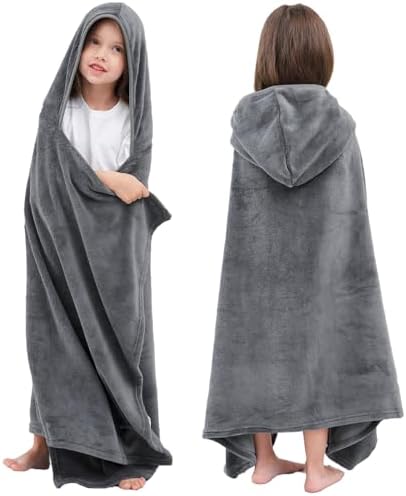 Hiturbo Kids Fleece Hooded Bath Towel - 50x30 Inches Gray