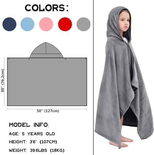 Hiturbo Kids Fleece Hooded Bath Towel - 50x30 Inches Gray
