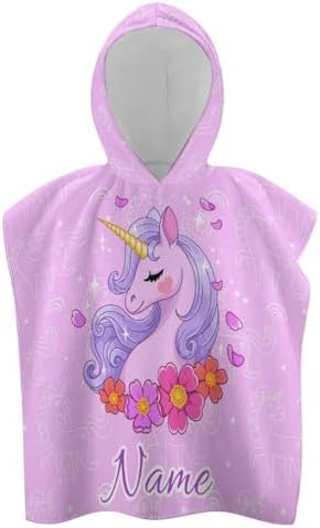 Custom Pink Flower Unicorn Kids Hooded Bath Towel Personalized Name