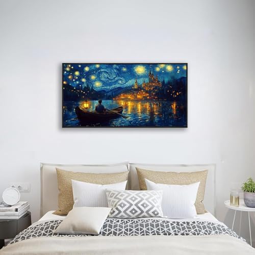Starry Night Over the Rhone Framed Canvas Wall Art 20x40 Inches