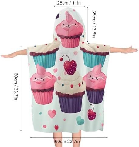 Kids Hooded Beach Towel with Cupcake Candy Hearts Print
