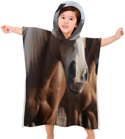 Kids Hooded Bath Towel with Horses Print