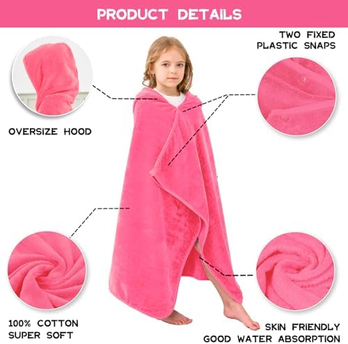 Hiturbo Kids Hooded Bath Towel - Pink 50x30 Inches