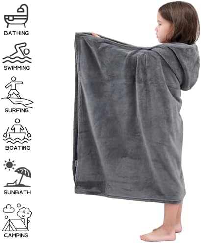 Hiturbo Kids Fleece Hooded Bath Towel - 50x30 Inches Gray