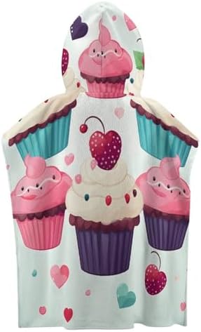 Kids Hooded Beach Towel with Cupcake Candy Hearts Print