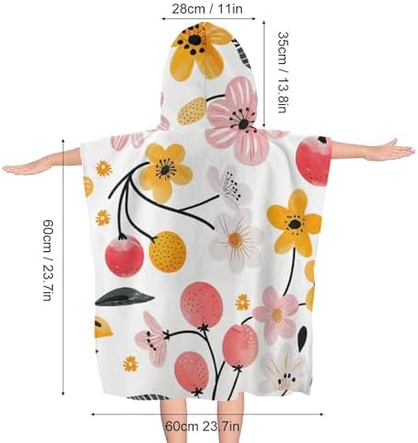 Kids Hooded Beach Towel with Cherries and Flowers Print