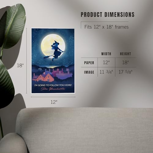 Lantern Press 12x18 Inch Art Print Salem Witch Over Salem Rooftops Night Sky