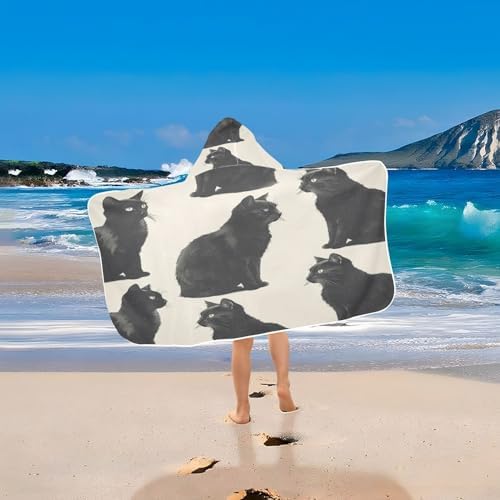 Cute Black Cats Hooded Kids Bath Towel - Soft Lightweight Quick Dry Microfiber