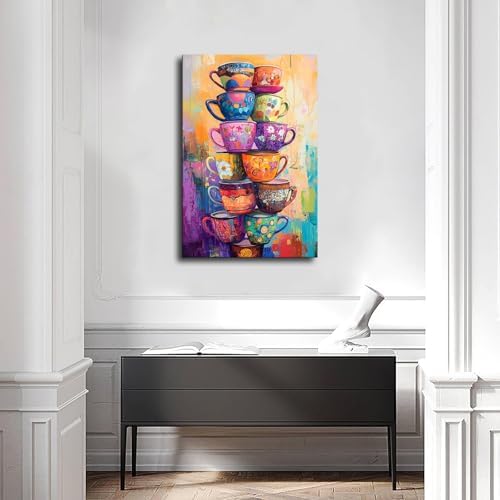 Colorful Coffee Cup Tower Stack Wall Art Poster