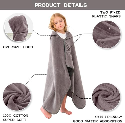 Hiturbo Kids Hooded Bath Towel - 50x30 inches Gray