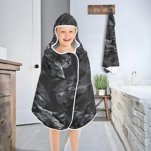 Wolves Head Black Hooded Towel for Kids