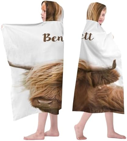 Personalized Highland Cow Hooded Kids Bath Towels with Name