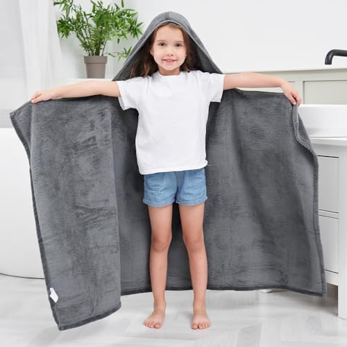 Hiturbo Kids Fleece Hooded Bath Towel - 50x30 Inches Gray