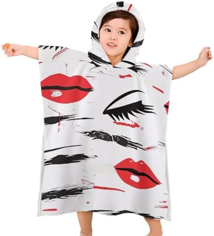 Kids Hooded Bath Towel with Lips and Eyelashes Print