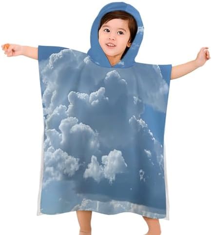 Kids Hooded Bath Towel with White Clouds Print