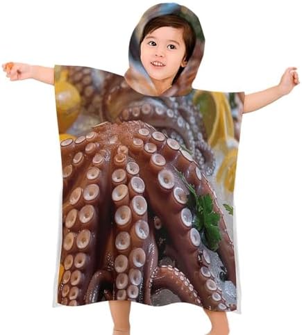 Kids Hooded Bath Towel with Seafood Print