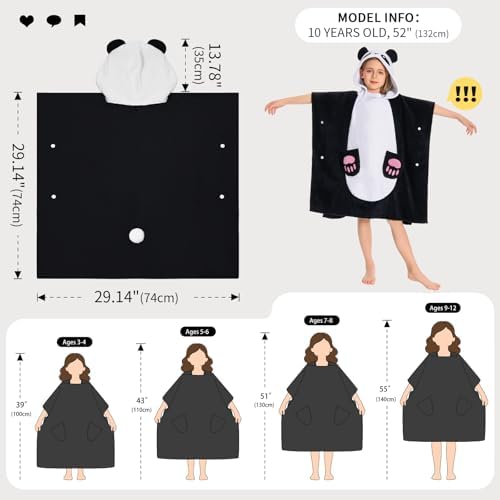 OLAOLA Panda Hooded Kids Beach Towel for 3-12 Years