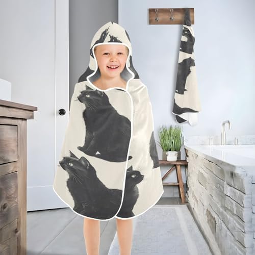 Cute Black Cats Hooded Kids Bath Towel - Soft Lightweight Quick Dry Microfiber