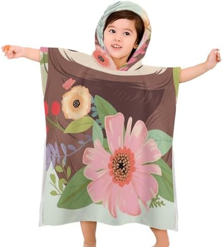 Kids Bath Towel with Sloth and Flowers Print
