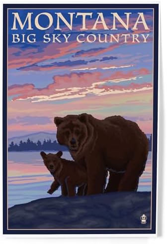 Lantern Press 8x12 Art Print Montana Big Sky Country Bear and Cub