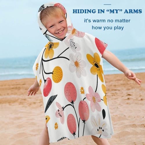 Kids Hooded Beach Towel with Cherries and Flowers Print