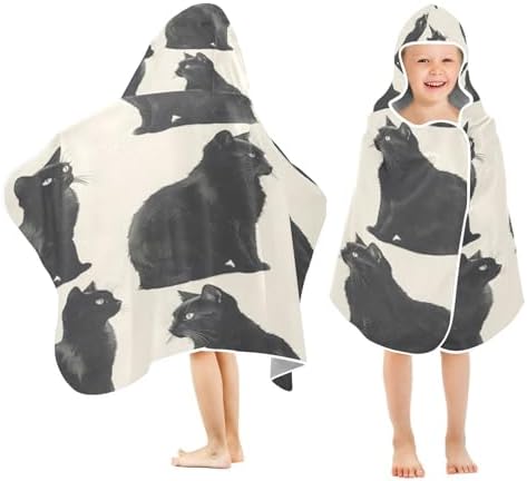 Cute Black Cats Hooded Kids Bath Towel - Soft Lightweight Quick Dry Microfiber