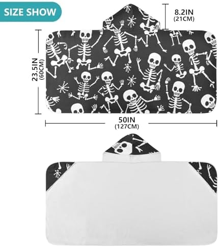 Kids Hooded Beach Towel with Cartoon Skeletons and Bones
