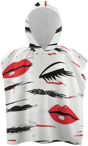 Kids Hooded Bath Towel with Lips and Eyelashes Print