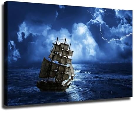 Blue Thunderstorm Pirate Ship Ocean Voyage Canvas Poster Wall Art