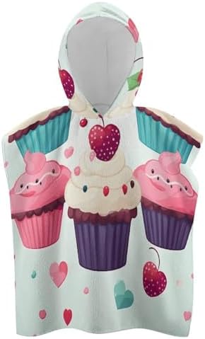 Kids Hooded Beach Towel with Cupcake Candy Hearts Print