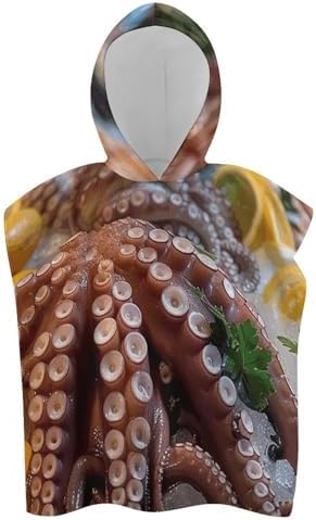 Kids Hooded Bath Towel with Seafood Print