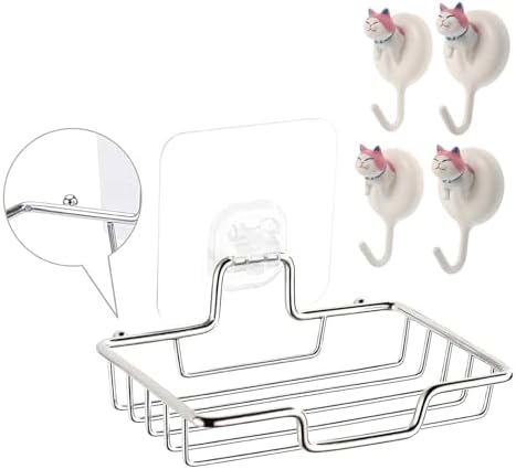 Stainless Steel Soap Holder with 4 Cat Head Hooks for Bathroom Organization