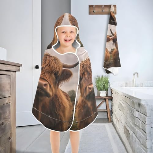 Kids Bath Towel Wrap - Scottish Cow Hooded Towel - Super Soft and Quick Dry