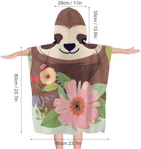 Kids Bath Towel with Sloth and Flowers Print