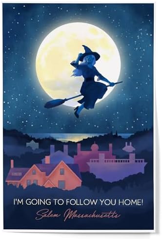Lantern Press 12x18 Inch Art Print Salem Witch Over Salem Rooftops Night Sky