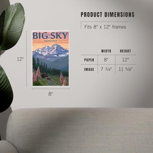 Lantern Press 8x12 Art Print Big Sky Montana Bear and Spring Flowers