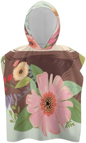 Kids Bath Towel with Sloth and Flowers Print