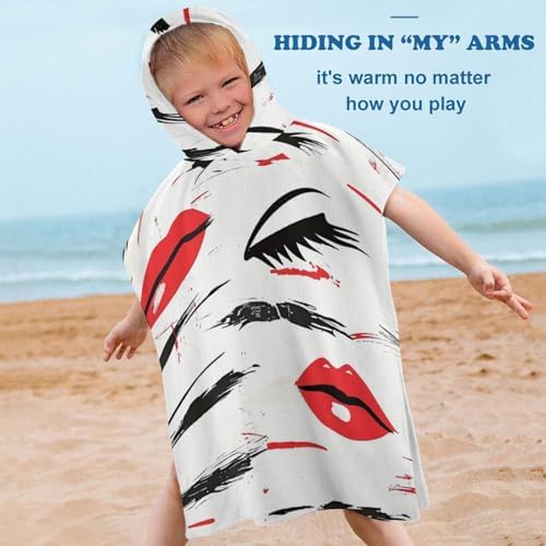 Kids Hooded Bath Towel with Lips and Eyelashes Print