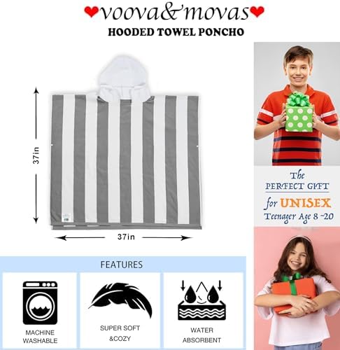 VOOVA MOVAS Big Kids Hooded Poncho Towel - 8-16 Years Grey Cabana Stripe