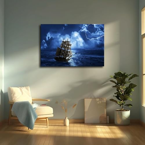 Blue Thunderstorm Pirate Ship Ocean Voyage Canvas Poster Wall Art