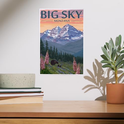 Lantern Press 8x12 Art Print Big Sky Montana Bear and Spring Flowers