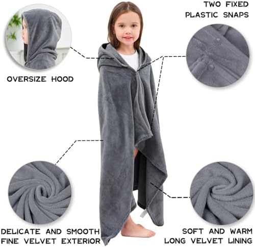 Hiturbo Kids Fleece Hooded Bath Towel - 50x30 Inches Gray