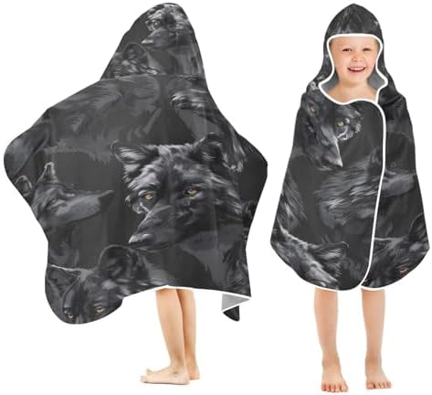 Wolves Head Black Hooded Towel for Kids