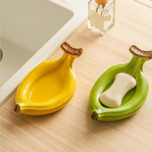 Ceramic Banana Soap Holder with Drain Green and Yellow