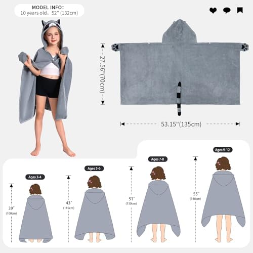 OLAOLA Raccoon Hooded Beach Towel for Kids 3-12 Years