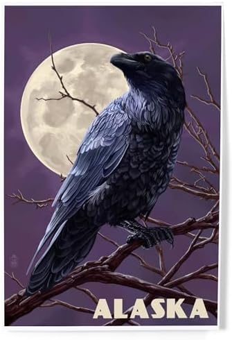 Lantern Press 8x12 Art Print Alaska Raven Moon Purple Sky