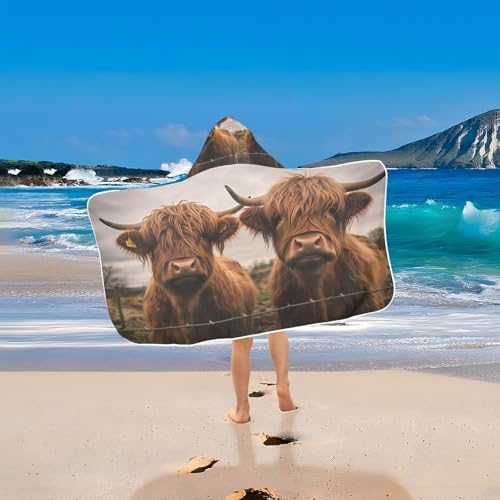 Kids Bath Towel Wrap - Scottish Cow Hooded Towel - Super Soft and Quick Dry